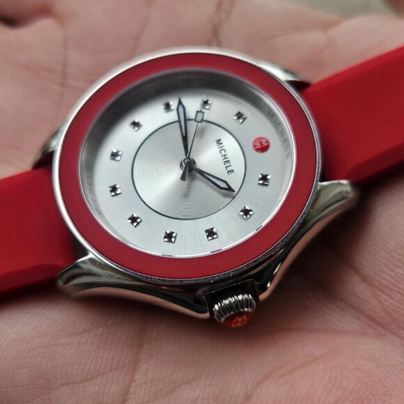 Michele Ladies Wristwatch Red Rubber Strap Analog Quartz 11 GEM Stones Watch - Picture 3 of 12